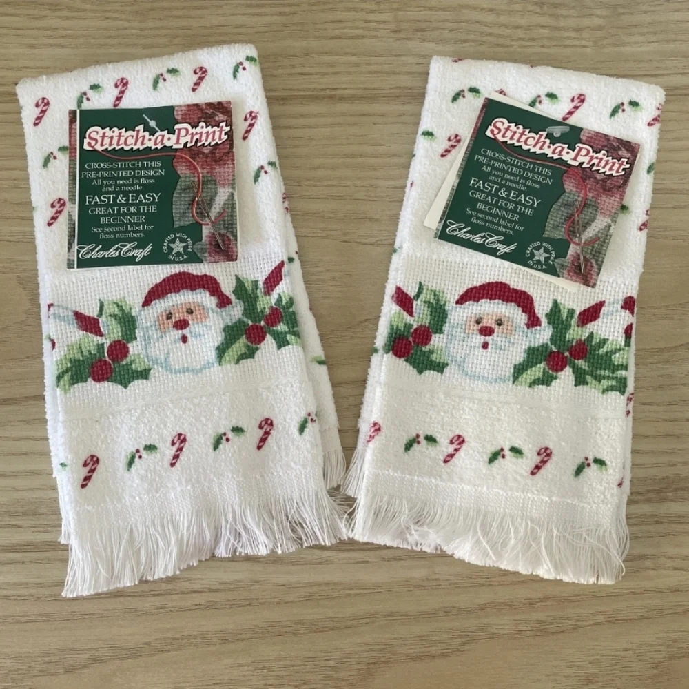 Stitch•a•Print STAMPED Hand TEA TOWELS CROSS STITCH KIT CHRISTMAS - SET OF 2 ☆